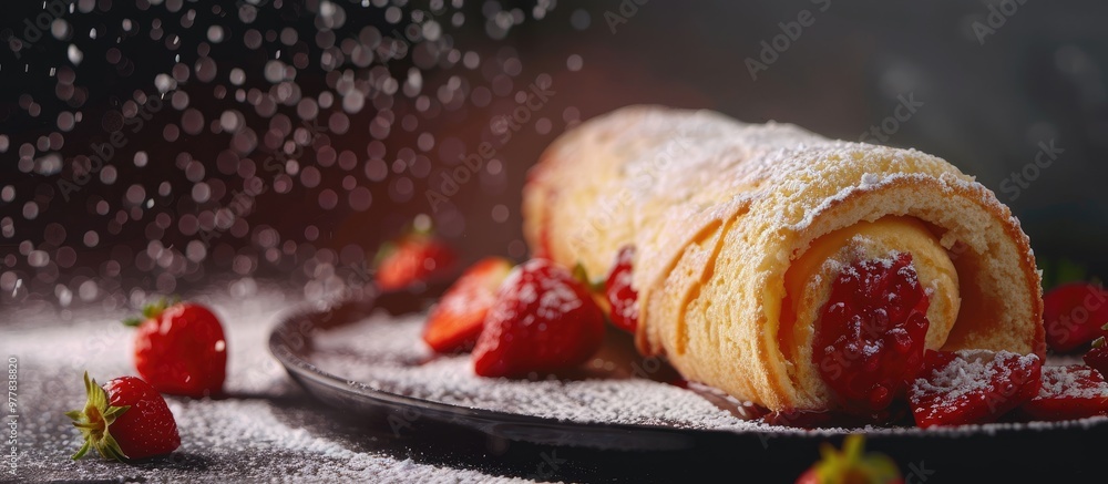 Poster vanilla roll cake filled with strawberry jam and sprinkled with powdered sugar. copy space image. pl