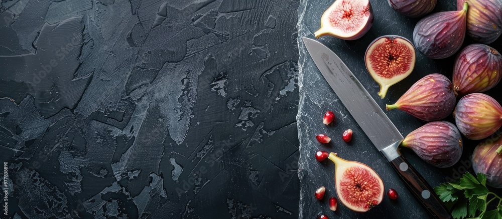 Poster figs on a dark stone table with a knife viewed from above ripe figs on a black surface or background