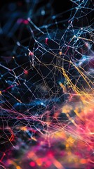 Colorful Spider Web on Black Background, Abstract Image, Texture, Pattern Background, Wallpaper, Cover and Screen for Smartphone, PC, Laptop, 9:16 and 16:9 Format
