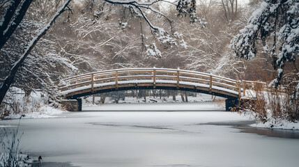 A snow-covered bridge crossing a frozen river with snow-laden branches hanging over the water.