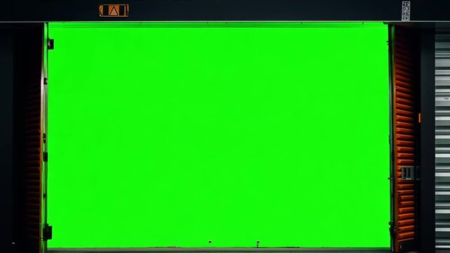 Bright green screen garage door opening effect with industrial borders