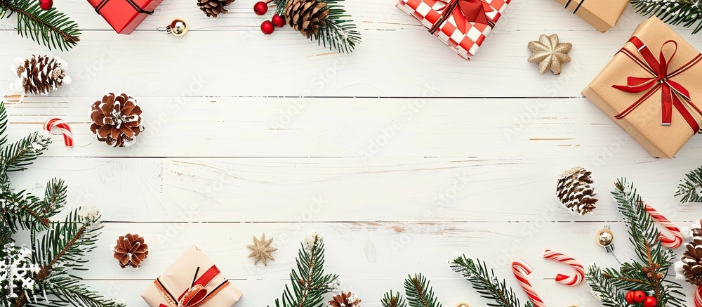 Poster flat lay top view christmas arrangement featuring gift boxes on a white wooden background. copy spac