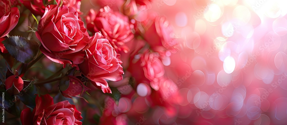 Poster bouquet of red roses set against a blurred background close up. copy space image. place for adding t