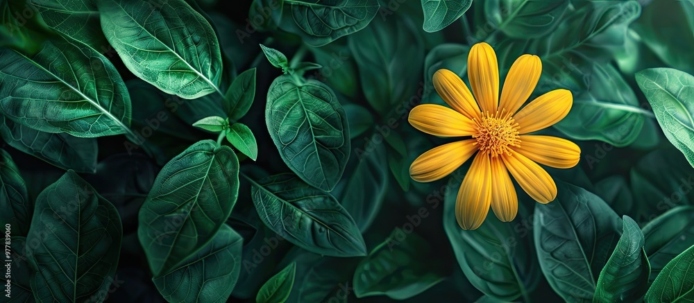 Aufkleber close up of a yellow flower with a background of green leaves suitable for wallpaper or card design.