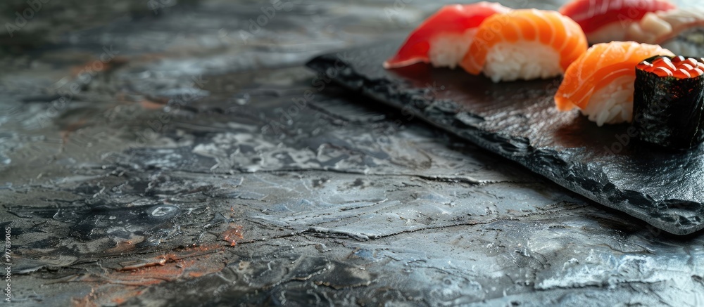 Leinwandbilder sushi arranged on a stone surface. copy space image. place for adding text and design