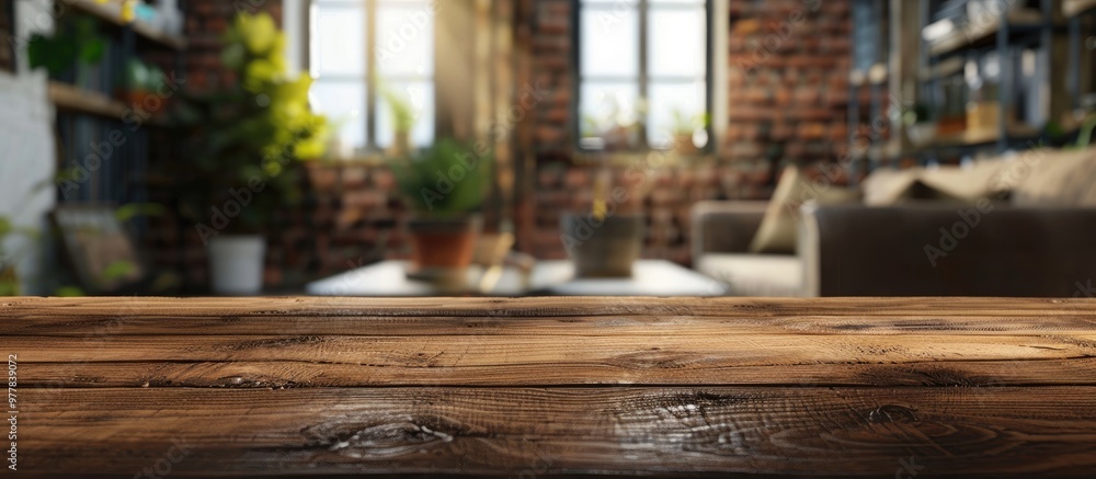 Aufkleber vacant wooden table in the background of a blurred room interior. copy space image. place for adding