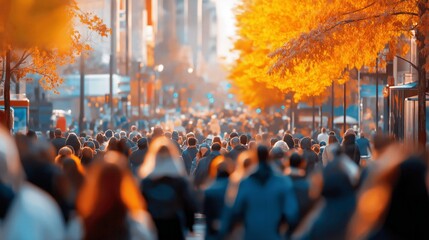 Obraz premium autumnal city scene with vibrant foliage and bustling crowd. people walking on busy urban street.