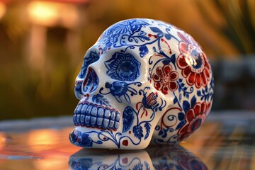 Detailed Porcelain Sugar Skull with Blue and Red Floral Patterns Reflecting Warm Sunlight