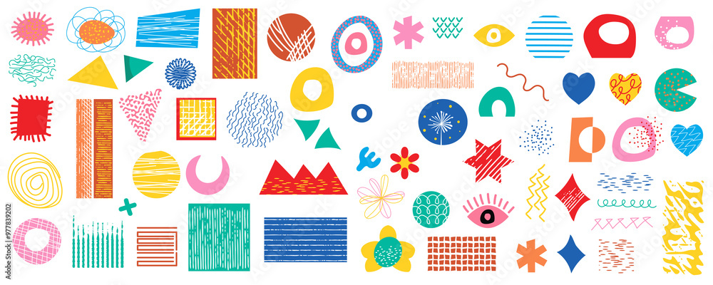 Poster retro geometric doodle shapes mega set in flat graphic design. collection elements with abstract dif