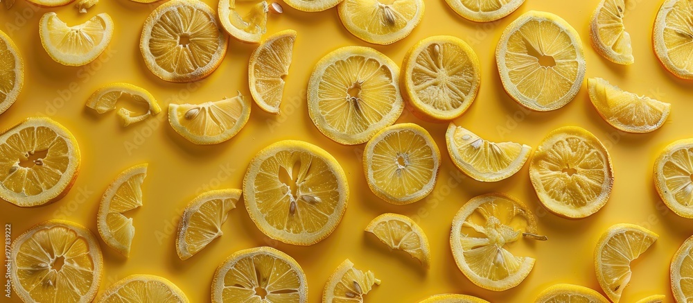 Poster pattern created with fresh lemon slices on a yellow background featuring copy space on the right top