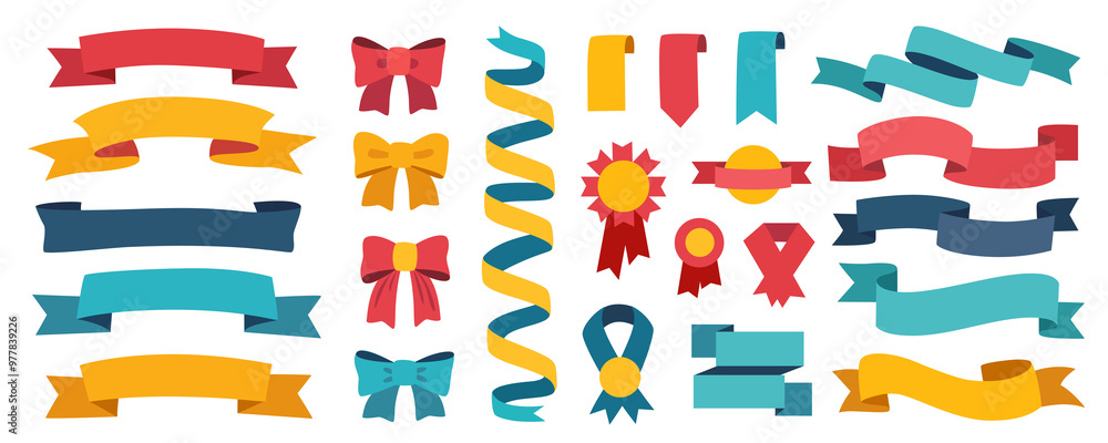 Aufkleber Ribbons and tags mega set in flat graphic design. Collection elements of empty flying curve flags, award bows, vintage emblems, award medals, quality signs, bookmarks and tapes. Illustration.