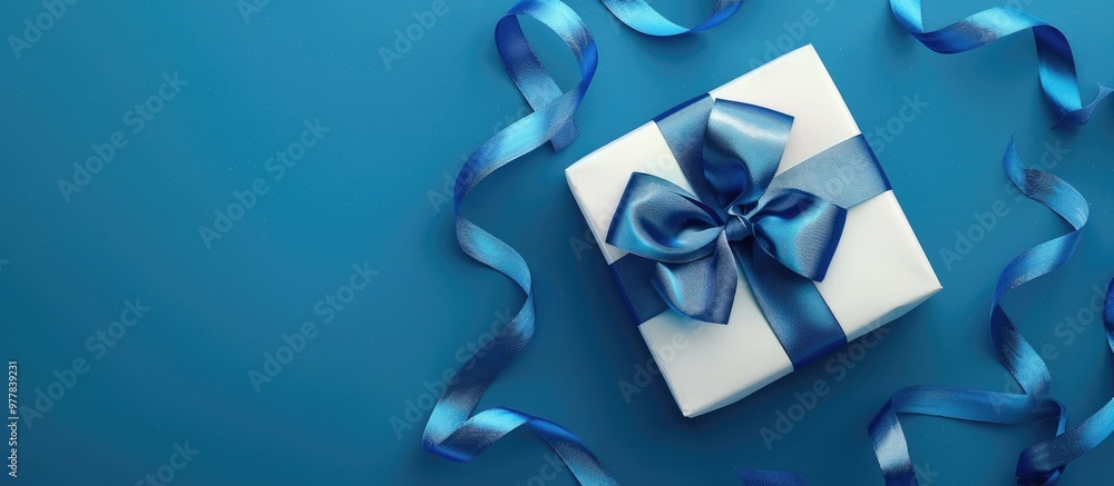 Poster new year gift box tied with a blue ribbon featuring empty space for design. copy space image. place 