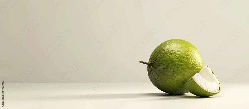 Poster green coconut on a white background. copy space image. place for adding text and design