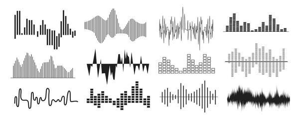 Sound waves mega set in flat graphic design. Collection elements of abstract black line music volume and audio lines, tune equalizer visualisation, voice frequency signal symbol. Illustration.