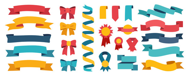 Ribbons and tags mega set in flat graphic design. Collection elements of empty flying curve flags, award bows, vintage emblems, award medals, quality signs, bookmarks and tapes. Illustration.