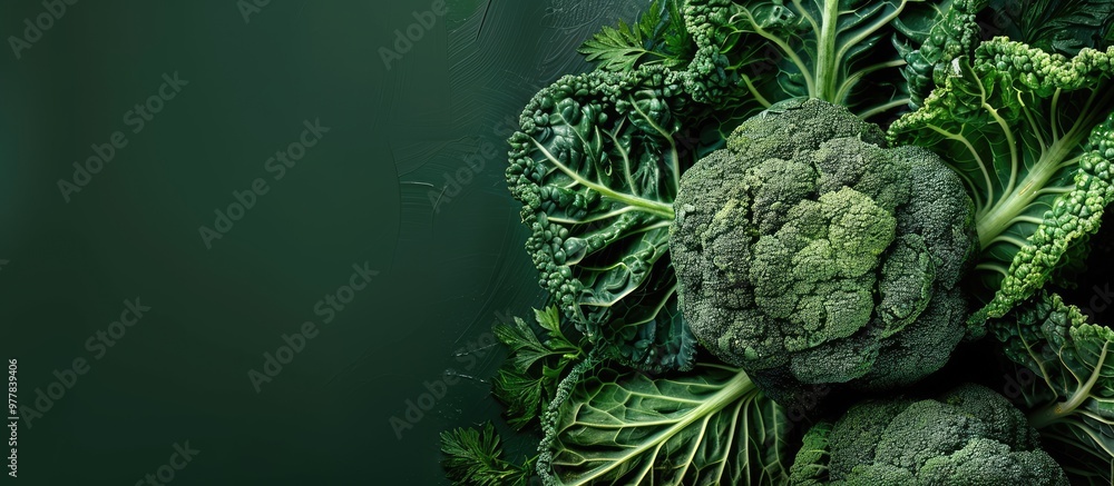 Poster broccoli on a green backdrop close up of cabbage copyspace and area for text adjacent to the greener