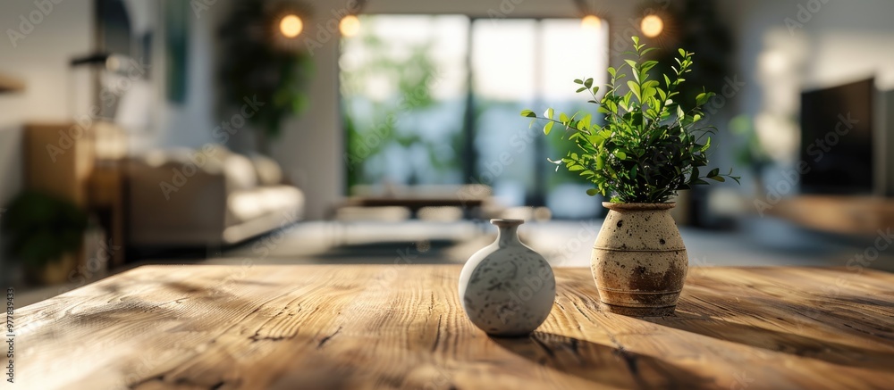 Poster tabletop and blurred interior background. copy space image. place for adding text and design