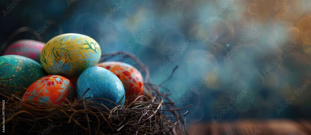 Poster easter nest containing vibrant eggs. copy space image. place for adding text and design