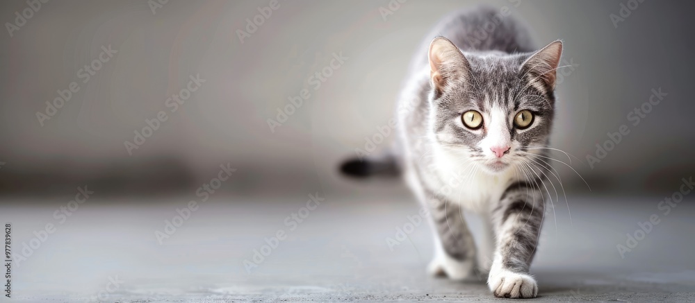 Poster a grey and white house cat is walking while looking at the camera. copy space image. place for addin