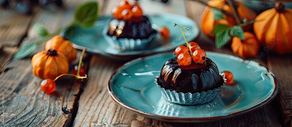 Sticker Blueberry pudding in foil molds on a turquoise plate with orange physalis sits on a wooden table Copyspace