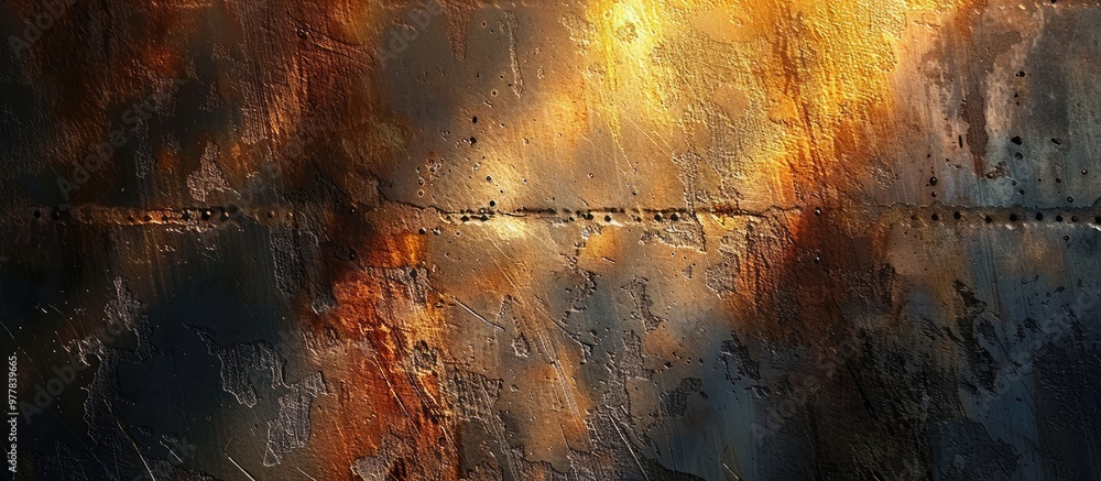 Aufkleber the rusty metal sheet illuminated with solar light. copy space image. place for adding text and desi