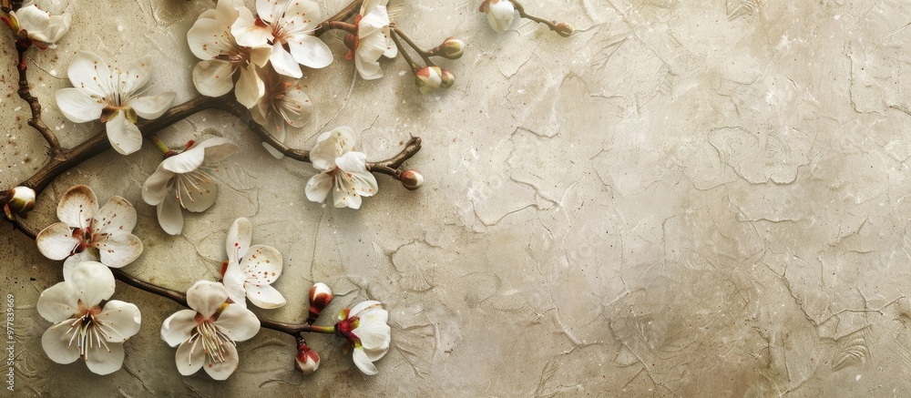 Poster textured vintage paper background featuring almond blossoms. copy space image. place for adding text