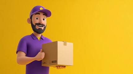 A friendly cartoon delivery guy, dressed in purple, carries a cardboard box against a bright yellow background. This image represents the idea of online shopping and getting things delivered to your h