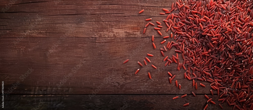 Poster red rice on a wooden surface with room for your text. copy space image. place for adding text and de