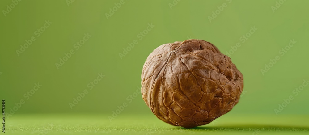 Poster close up of a walnut rich in nutrients a source of protein and very healthy green background. copy s
