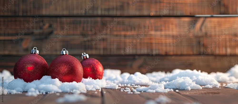 Poster red christmas decorative balls on snow with wooden planks in the background. copy space image. place