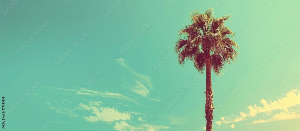 Poster palm tree against a bright blue summer sky in a vintage tone. copy space image. place for adding tex
