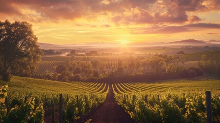 Naklejka premium Sunrise Over Lush Vineyard Rows in a Recovered War Region Representing Growth and Resilience