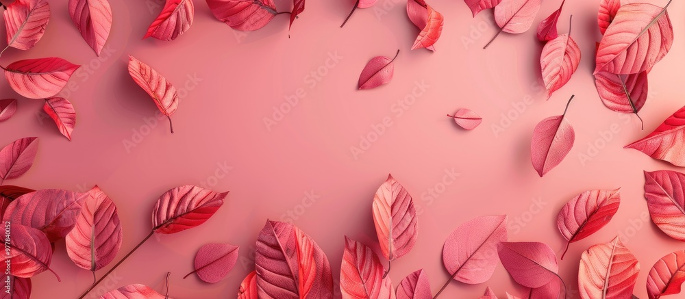 Canvas Prints red autumn leaves on a pink backdrop there is a copyspace in the center