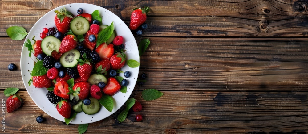 Sticker Fresh berry salad on a plate set against a wooden background Flat lay top view copyspace