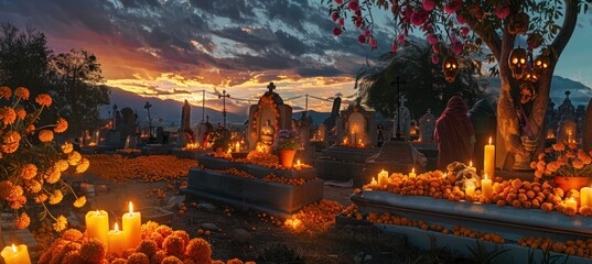 Dia de los Muertos Cemetery with Candlelit Graves and Marigolds at Sunset
