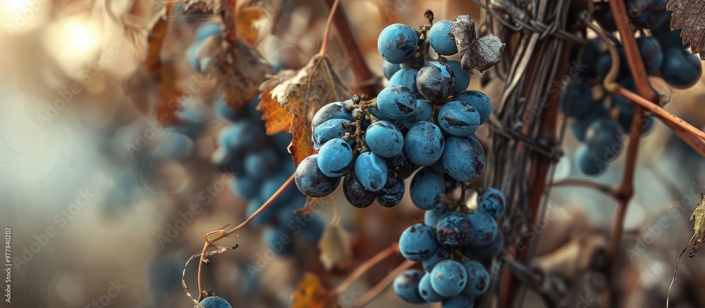 Poster dried cluster of blue grapes grapevine in the garden during autumn. copy space image. place for addi