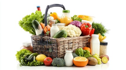 A vibrant shopping basket filled with assorted fresh fruits, vegetables, and dairy products