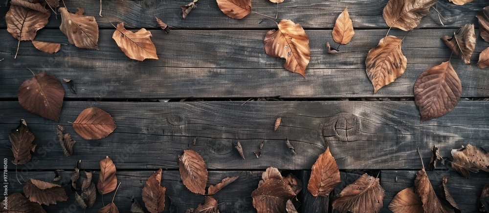 Aufkleber autumn leaves on a wooden surface. copy space image. place for adding text and design