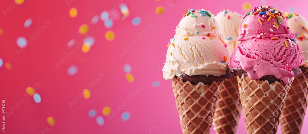 Aufkleber chocolate strawberry and vanilla ice cream cones topped with sprinkles on a vibrant pink background.