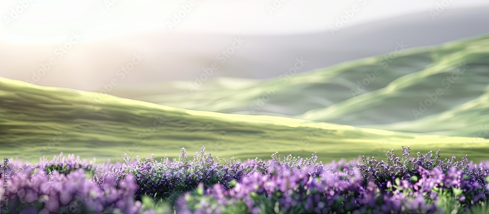 Poster blurred background image of a green field featuring purple. copy space image. place for adding text 