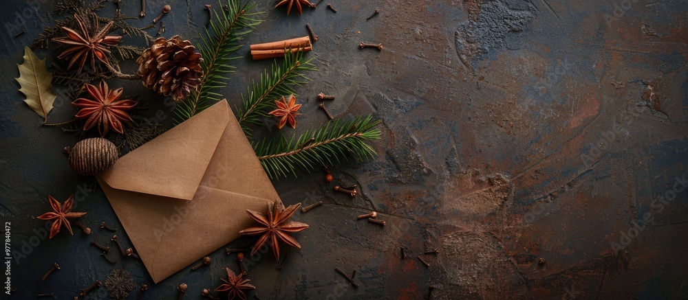 Poster christmas arrangement featuring spices a fir branch and a vintage envelope flat lay on a dark rustic