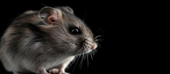 The small hamster is positioned sideways A gray juvenile rodent Macro photography close up Copy space