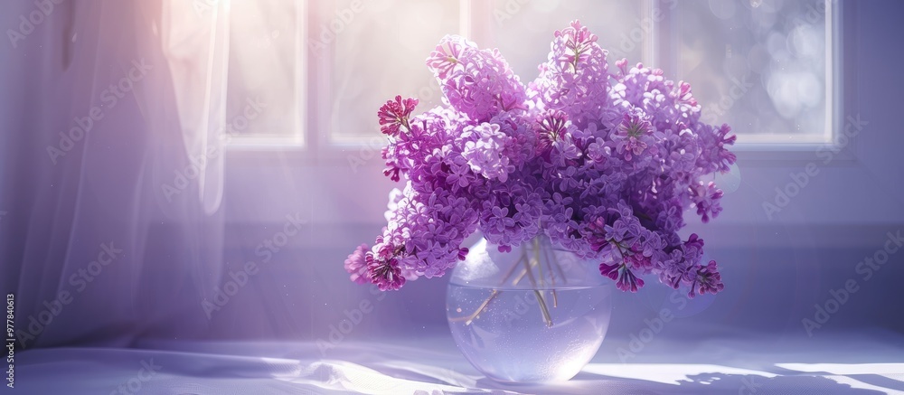 Wall mural A vase filled with a bouquet of spring purple lilacs Soft focus Captured through glass. Copy space image. Place for adding text and design