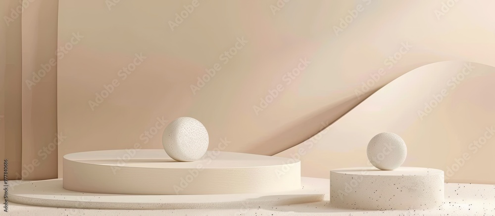 Poster podium stand platform for showcasing products abstract beige backdrop and white shapes mockup for br