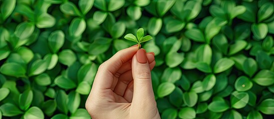 A woman s hand holds a small sprout against a green grass background. Copy space image. Place for adding text and design