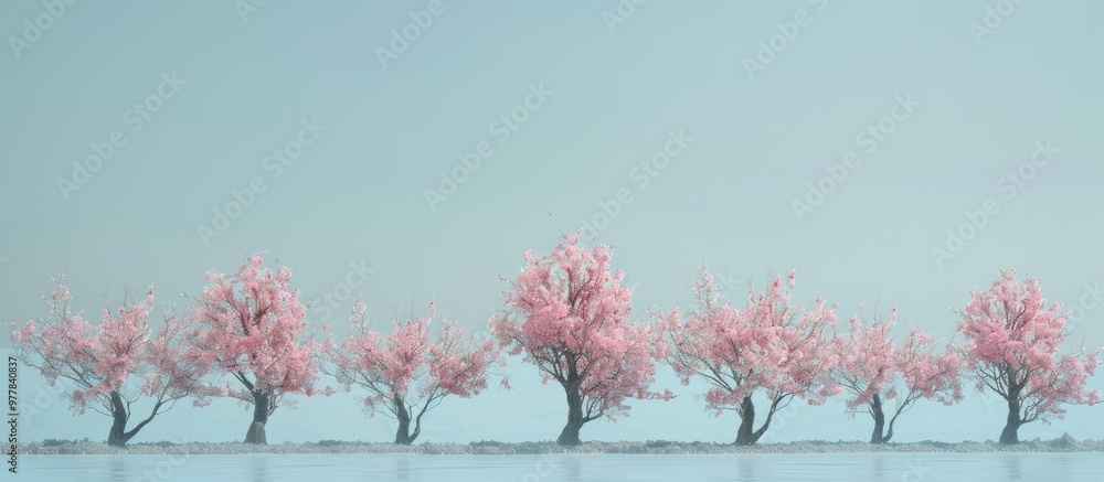 Poster a row of blossoming almond trees. copy space image. place for adding text and design