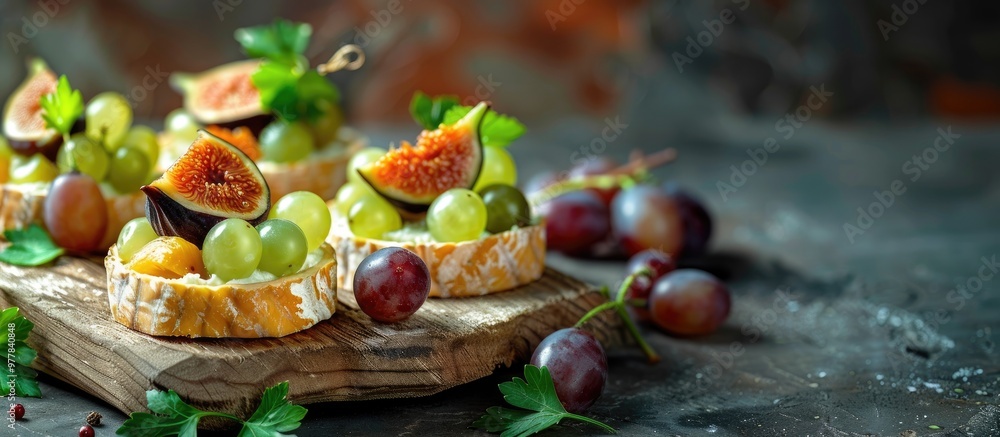 Poster autumn fruit canapes featuring figs persimmons white grapes and cheese. copy space image. place for 