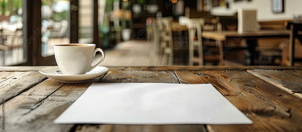 Poster empty paper on wooden table. copy space image. place for adding text and design