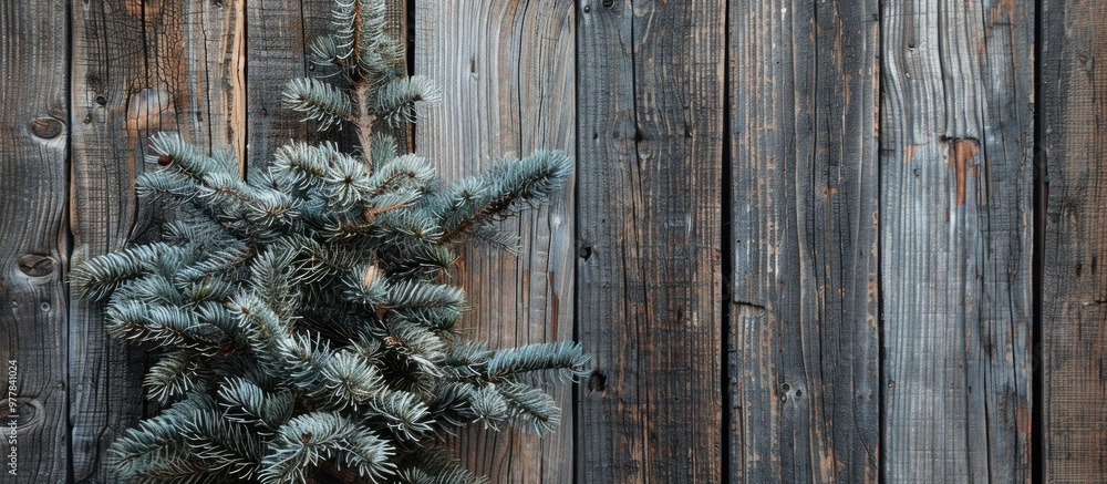 Poster fir tree on a weathered wooden backdrop. copy space image. place for adding text and design