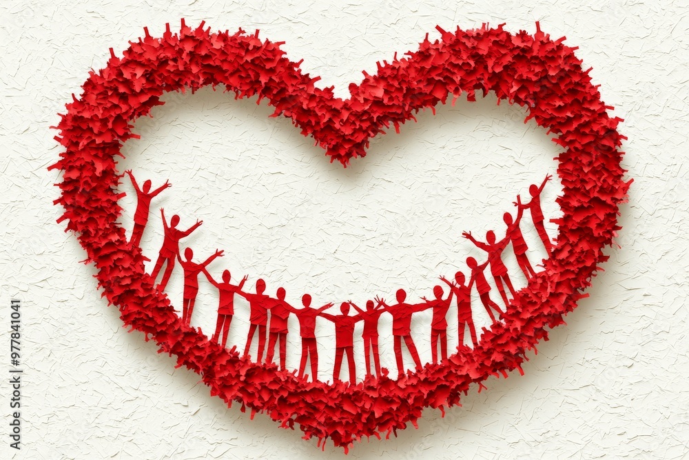 Poster red paper heart encircled by small figures representing unity compassion and the power of love in cr